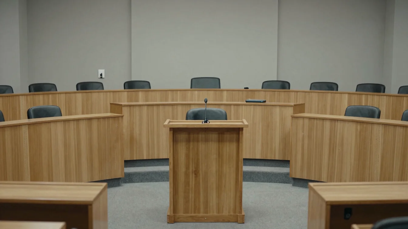 Editorial documentary photograph of a city council chamber, wide