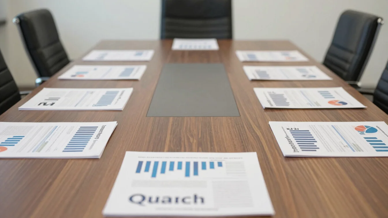 Editorial documentary photograph of a corporate boardroom table w