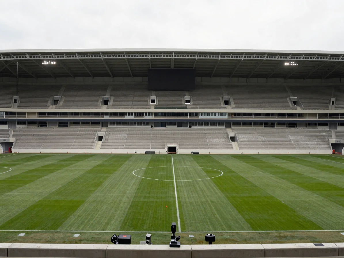 Editorial documentary photograph of a sports stadium press box, w