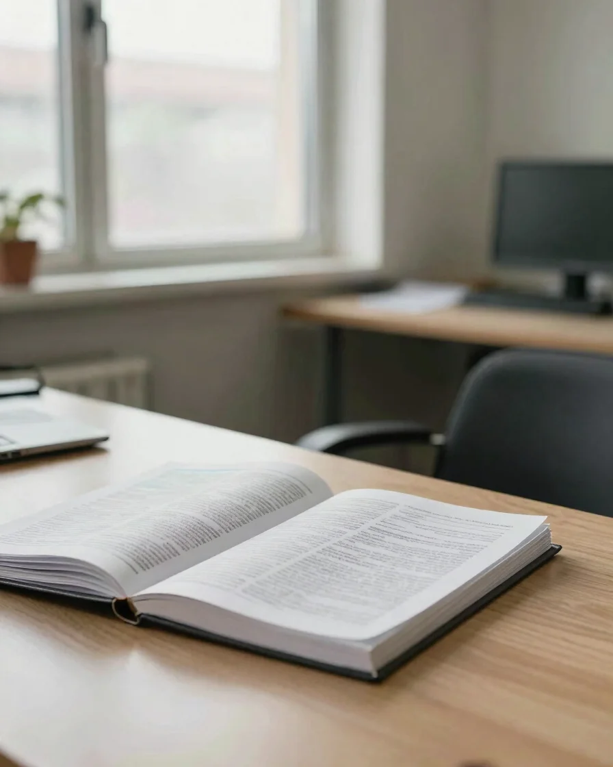 Editorial documentary photograph of a reporter's desk in a daylig