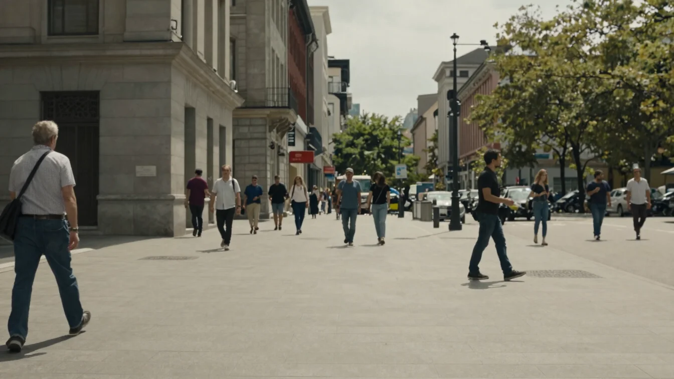 Documentary wide shot of a city street at midday with people walk