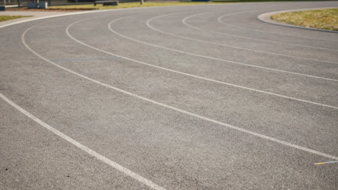 Editorial photograph of an empty outdoor running track in soft mo
