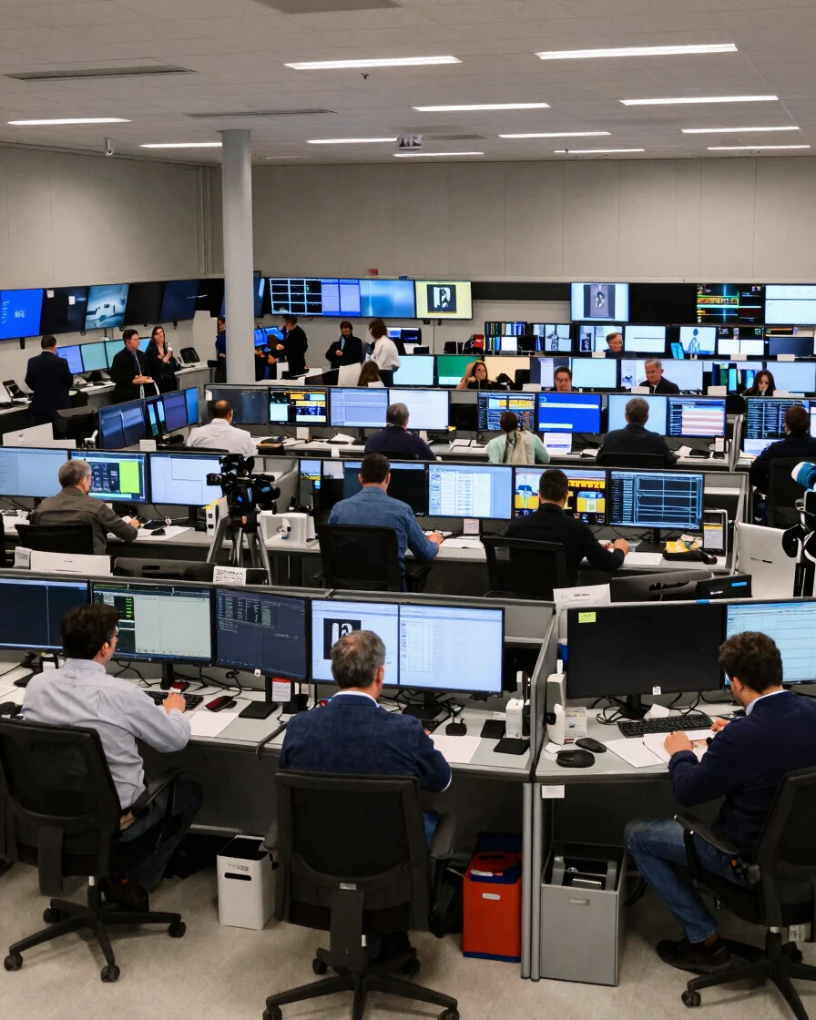 Editorial documentary photograph of a trading floor seen from a w